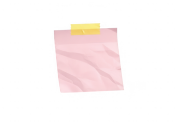 Pink crumpled paper note yellow tape isolated on transparent background