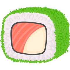 Close up of a single green sushi roll with pink salmon and white rice isolated on a transparent background