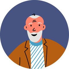 Close up of an elderly man with a gray beard and white hair wearing a brown jacket and blue and white striped shirt smiling warmly against a dark blue background