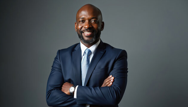 Mature black man in business suit stands with arms crossed. He smiles confidently, showing leadership. Professional portrait on grey background, suitable for corporate settings.