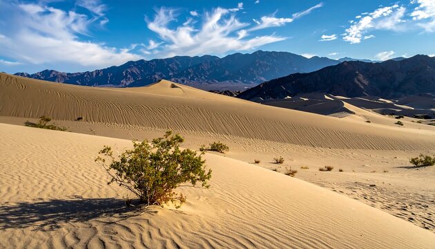 An expansive desert landscape bathed in sunlight, revealing vast sand dunes and a distant mountain range under a blue sky with scattered clouds