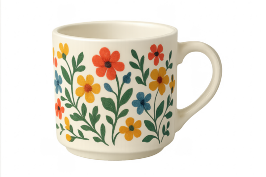 Ceramic mug displaying colorful floral pattern with blank background