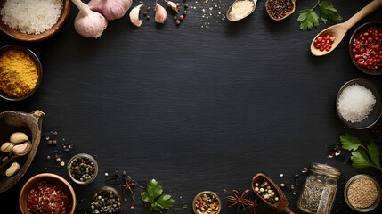 Rustic Mediterranean cooking ingredients with herbs and spices on dark kitchen background
