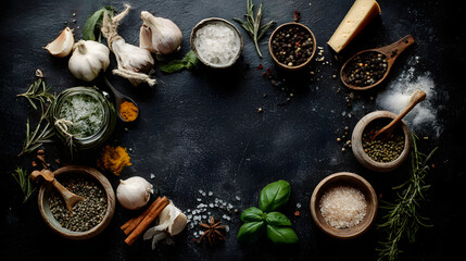 Rustic Mediterranean cooking ingredients with herbs and spices on dark kitchen background