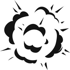 Black and white graphic explosion effect with sharp spikes radiating outwards on a transparent background symbolizing impact or energy burst