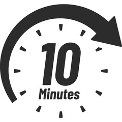 Black and White Icon Showing Ten Minutes With Curved Arrow Symbolizing Time Passing And Clock Face Detail With Dots Indicating Minutes On A Transparent Background