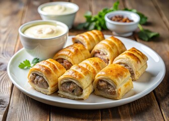 Freshly baked sausage rolls with yummy creamy sauce on a plate