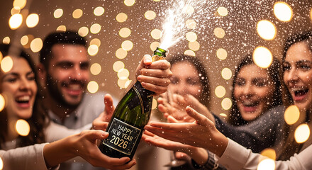 Friends popping champagne at a party celebrating New Year 2026