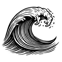 Powerful black and white stylized ocean wave vector illustration depicting a dynamic breaking sea crest. Ideal for surf culture designs, marine graphics, traditional Japanese art, and nature projects
