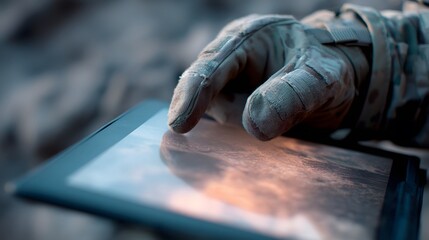 extreme close-up of soldier&rsquo;s gloved hand tapping drone control tablet with live video feed