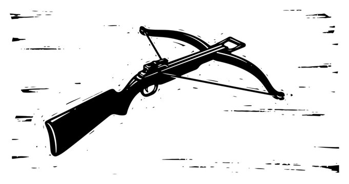 Medieval crossbow weapon icon in vintage woodcut style. Ancient hunter or archer symbol