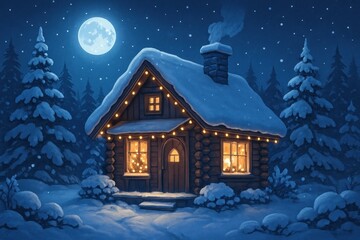 Naklejka premium Cozy cabin under moonlight.