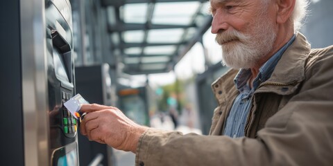 Elderly man paying with bank card at public transport ticket machine outdoors, showing modern lifestyle, contactless technology, financial independence, and convenience for senior passengers.