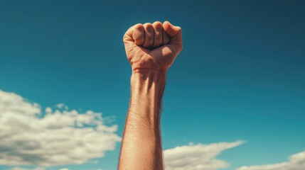 Raised fist against clear blue sky symbolizes empowerment and strength during daytime