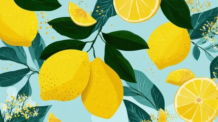 Commercial high-resolution photo of vibrant yellow lemons with green leaves on a light blue background.