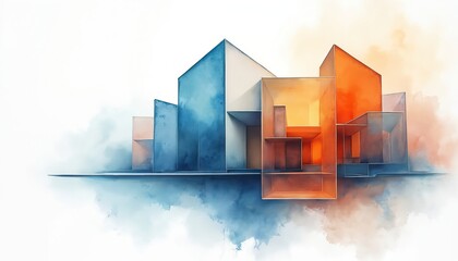 Abstract geometric structures form a modern city skyline. Buildings in blue and orange hues appear to float on clouds. Clean lines and soft watercolor textures define the architectural concept art.