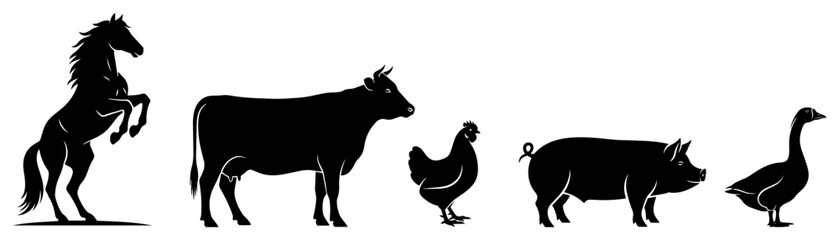 Farm animals silhouettes vector set. Horse cow chicken pig and goose icons for agriculture © Camel