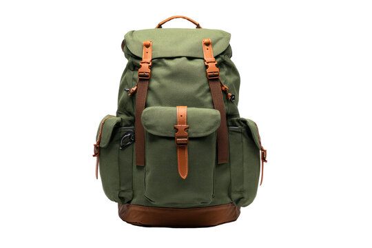 A green canvas backpack with leather accents and straps, set against a black background