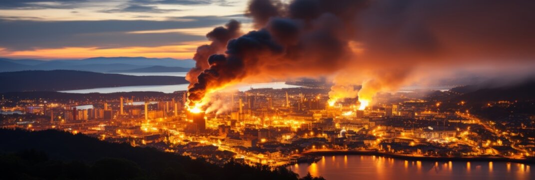 Industrial landscape with smoking chimneys under a dark sky and surrounding pollution