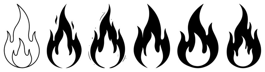 Fire flame vector icon set. Collection of hot bonfire and blaze silhouettes