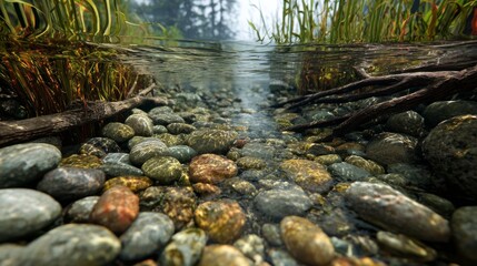 Close-up of a stream bed with clear water showcasing submerged colorful rocks, fallen branches, and tall green reeds