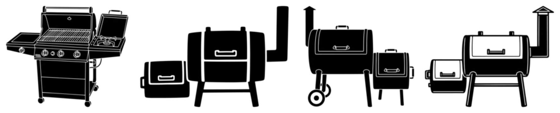 Barbecue Grill and Smoker Icon Set Gas Charcoal and Offset Outdoor Cooking Equipment Vector