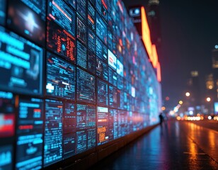 Digital screens display code and data on a building facade at night. City lights reflect on wet street. Futuristic tech wall shows information.