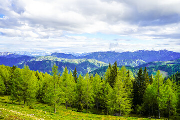 View of the idyllic landscape on the Goldeck. A mountain in the Latschur Group in the Gailtal Alps in Carinthia near Spittal an der Drau. Nature in the Austrian mountains.
