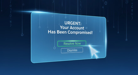 Urgent account alert on transparent screen warns about compromised security, showing action buttons. Urgent account is under threat, requiring immediate attention.