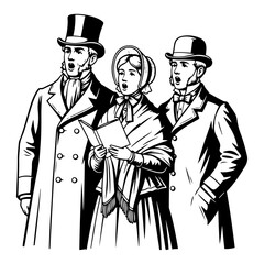 Christmas carolers singing vintage vector illustration. Victorian people celebrating holiday season