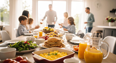 Image of a brunch table enjoyed with family and friends, a holiday breakfast with pancakes and salad