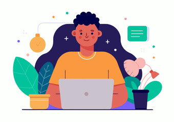 Young African American Man Working on Laptop at Desk with Plant and Lamp