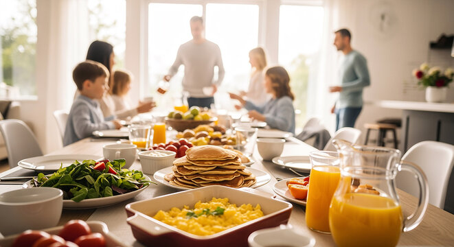 Image of a brunch table enjoyed with family and friends, a holiday breakfast with pancakes and salad