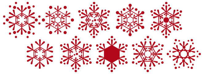 Geometric hexagonal snowflakes. Set of vector isolated silhouettes of snow elements. Traditional holiday symbols cold weather and frost. Selection of individual icons of various shapes in flat style