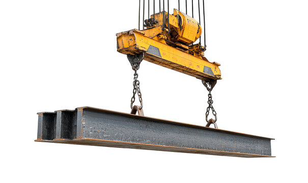 Heavy industrial overhead crane lifting a large steel beam, isolated on a stark black background