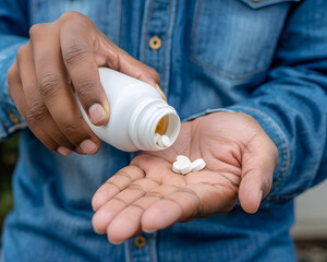 Man taking daily vitamins for wellness and health, pouring pills into hand from bottle for preventative care and supplements, promoting healthy lifestyle