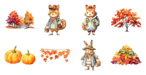 Fototapeta premium PNG Charming autumn woodland creatures illustration, element set on transparent background