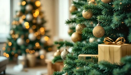 Decorated christmas tree with shimmering golden ornaments and a festive gift box, creating a warm and elegant holiday atmosphere with soft bokeh lights