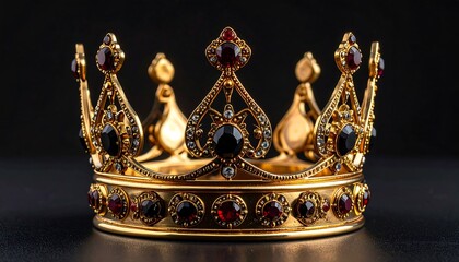An ornate, golden crown, adorned with red and black jewels. Set against a dark background, the crown is highly detailed and reflects light