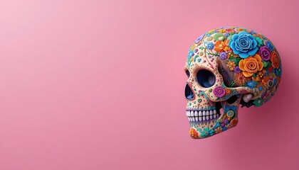 Vibrant sugar skull decorated with colorful flowers and intricate patterns against a soft pink background, representing day of the dead celebration