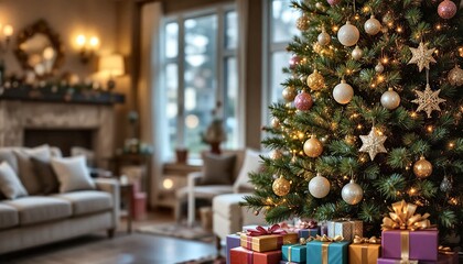 Cozy living room interior with a beautifully decorated christmas tree and wrapped presents, evoking warmth and holiday spirit