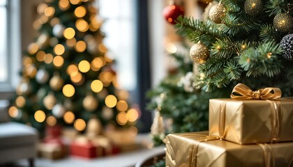 Decorated christmas tree with golden wrapped gifts and warm bokeh lights creating a festive holiday atmosphere indoors