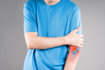 Diseases of the elbow joint, bone fracture, inflammation and dislocation, man suffering from pain...