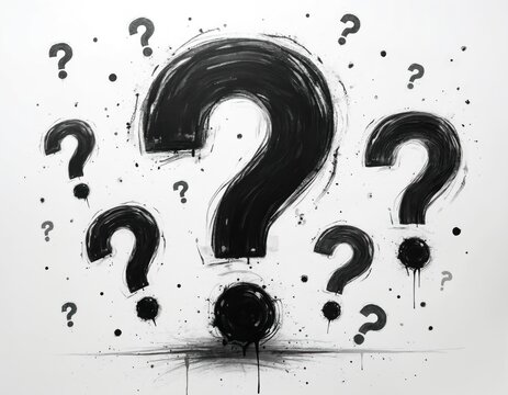 Question marks on white backdrop. Concept of inquiry uncertainty, confusion. FAQ template background. Symbol of asking for help advice. Design element for web banner. Finding solution. Problem - Powered by Adobe