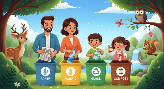 Family sorting waste for recycling at home, environmental education concept