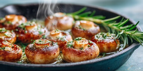 Hot fried mushrooms with garlic and herbs sizzling in a cast iron skillet. Perfect for culinary blogs, cookbooks, restaurant menus, and healthy food concepts highlighting rustic homemade flavor.