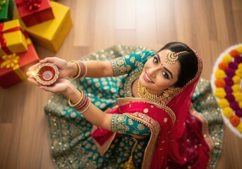 Diwali Festive Woman Holding Diya Light Rangoli Floor Gift Boxes Celebration