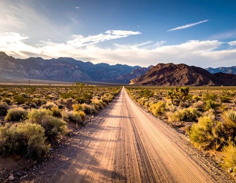 An expansive dirt road disappears toward distant mountains under a partly cloudy sky. Desert shrubbery lines the route. Sunlight bathes the scene