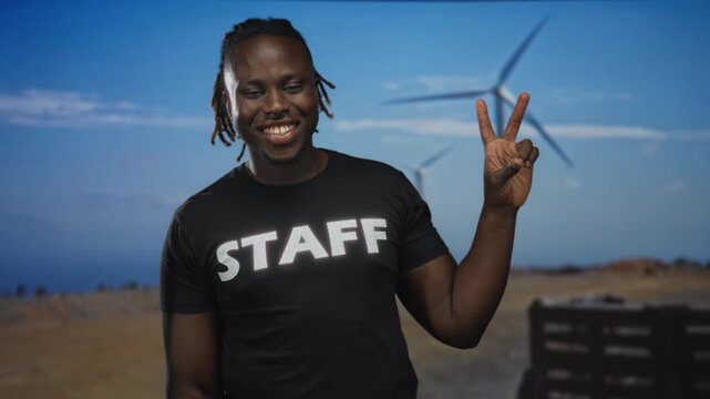 Man wearing staff t shirt pointing to the logo with one hand and making a peace sign with the other in street beside windmill farm; joy.