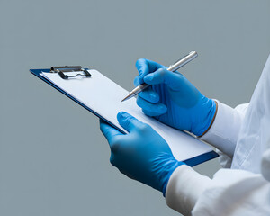 Scientific professional meticulously recording data on clipboard with gloved hands, ideal for healthcare, pharmaceutical, and research themed marketing campaigns